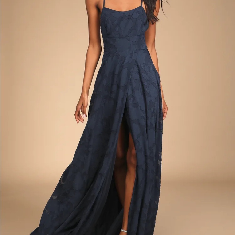 Lulu's Navy Blue Floral Criss-Crossed Back Maxi Bridesmaids Dress